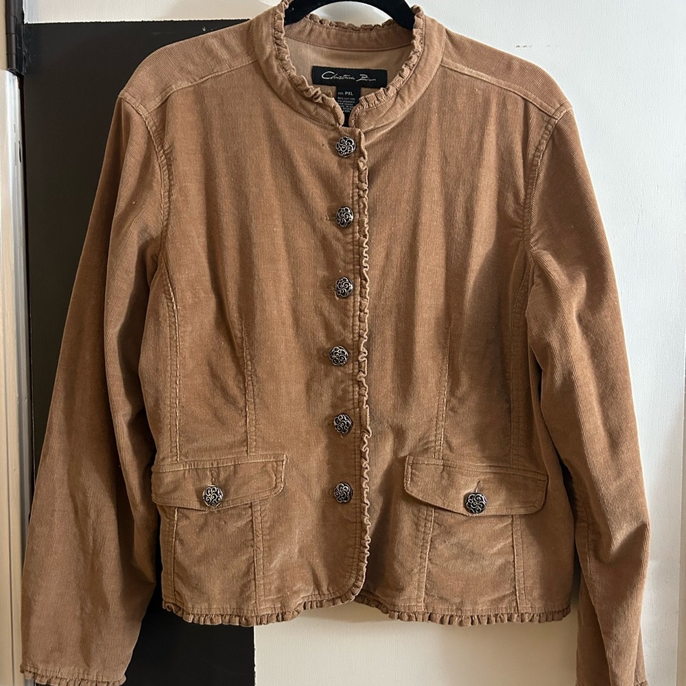 Christiana Zinn Tan Corduroy Button-Up Women's PXL Blazer Jacket Ruffle Trim